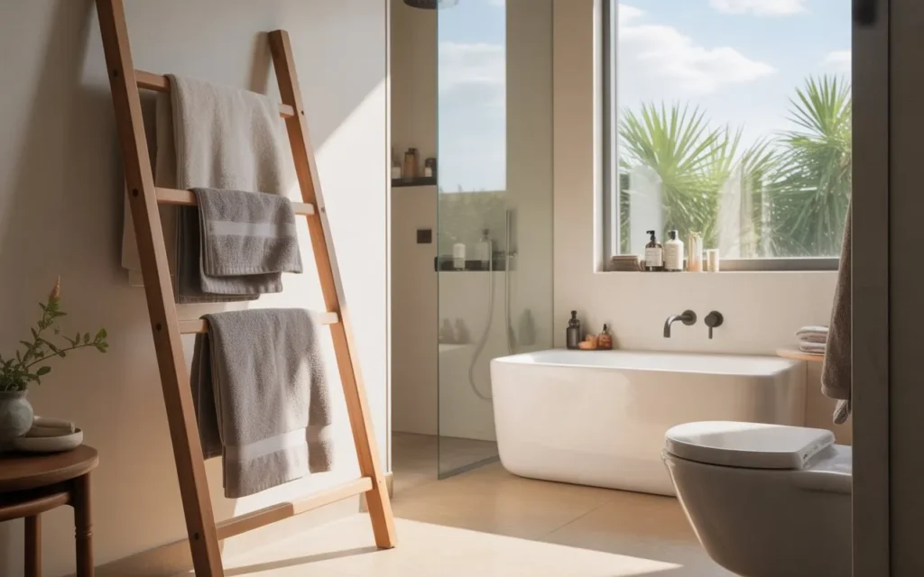 ladder towel rack storage idea for small bathroom