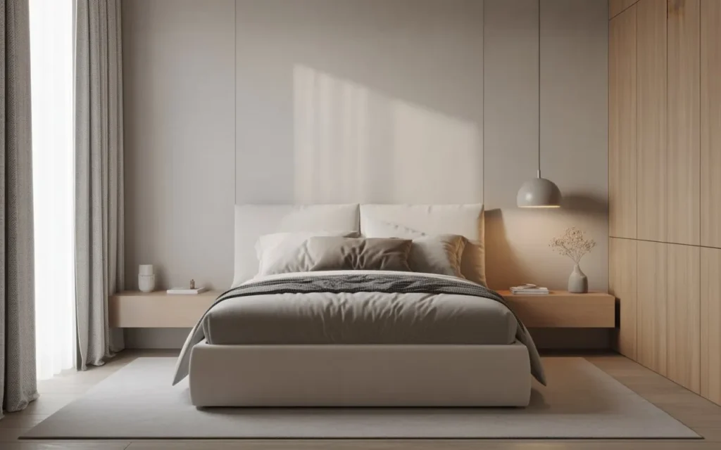 small bedroom with floating nightstand saving floor space