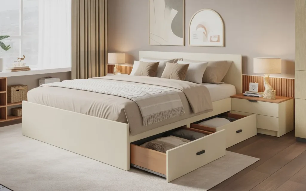 modern storage bed with drawers in stylish bedroom
