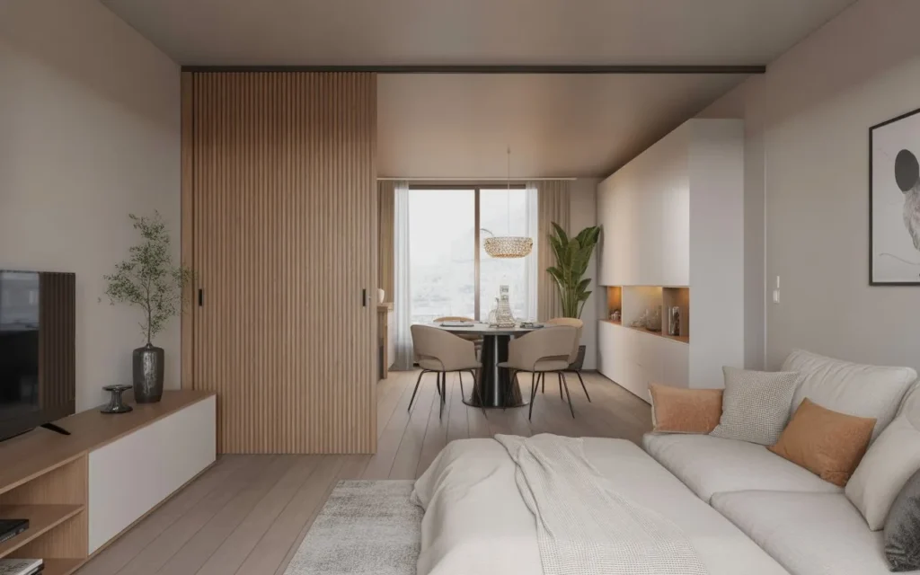 sliding door divider idea for studio apartment layout