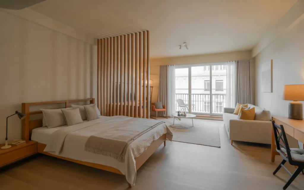 studio apartment room divider idea for separating bedroom and living space