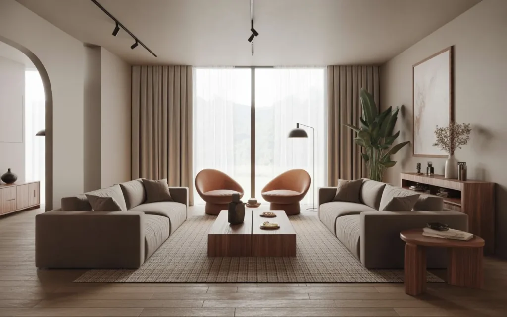 symmetrical living room layout idea with two sofas and central coffee table