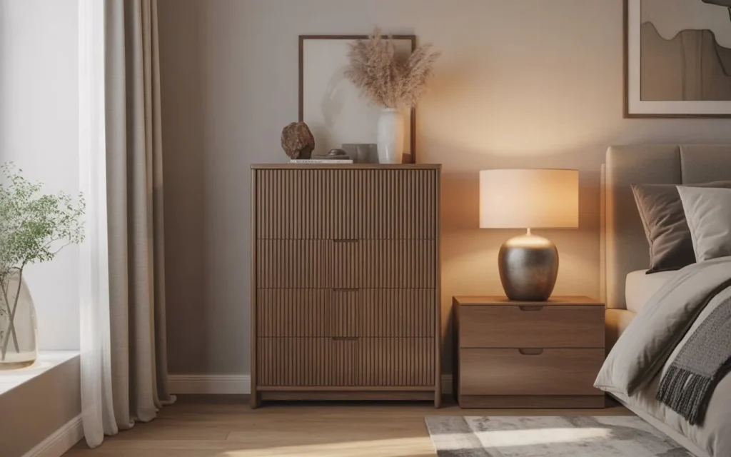 modern tall dresser in cozy bedroom