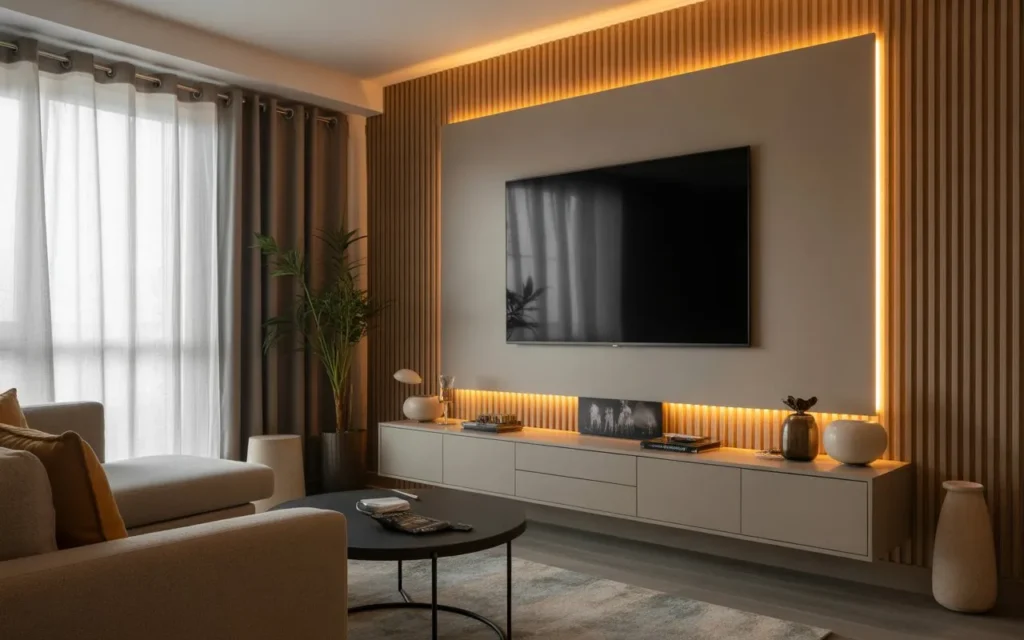 modern TV wall design with LED backlighting