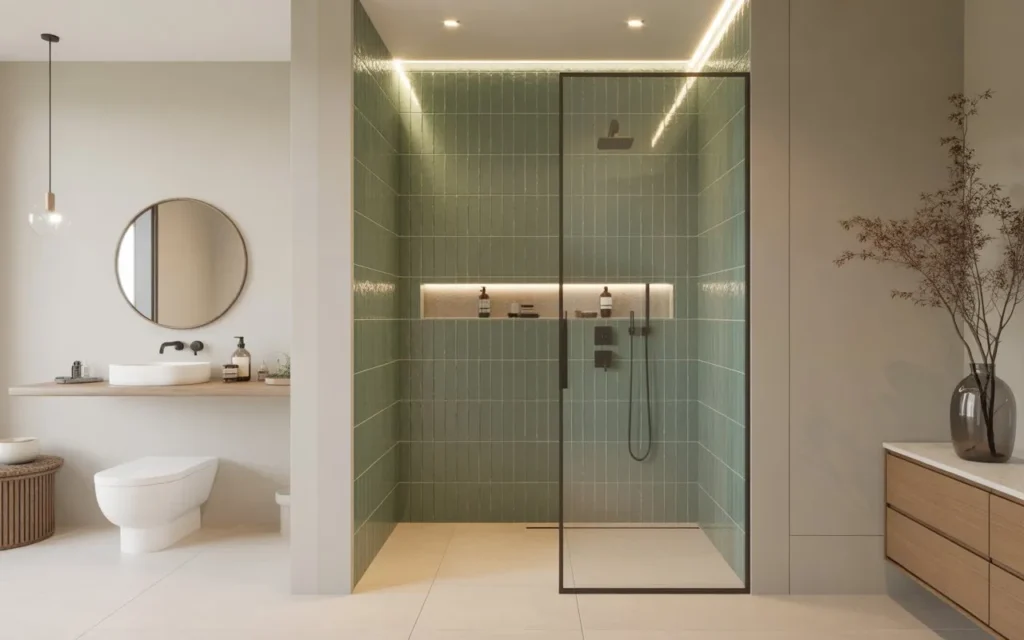 sage green tile shower with cream floor tiles