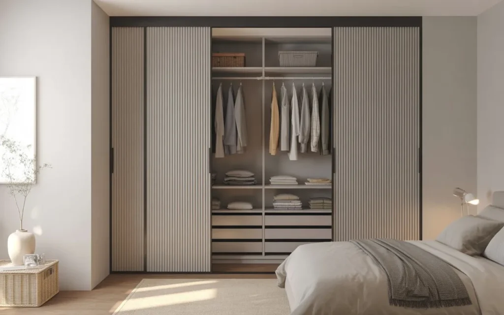 modern wardrobe closet in stylish bedroom