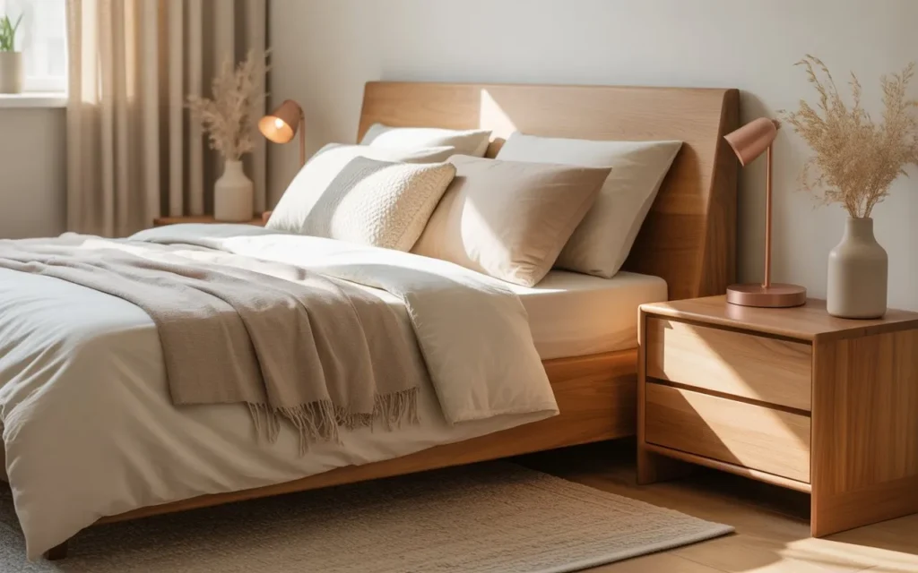 wooden nightstands beside bed in cozy bedroom