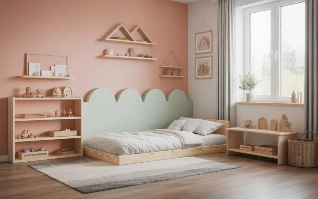 Montessori toddler room with floor bed and open toy shelves 
