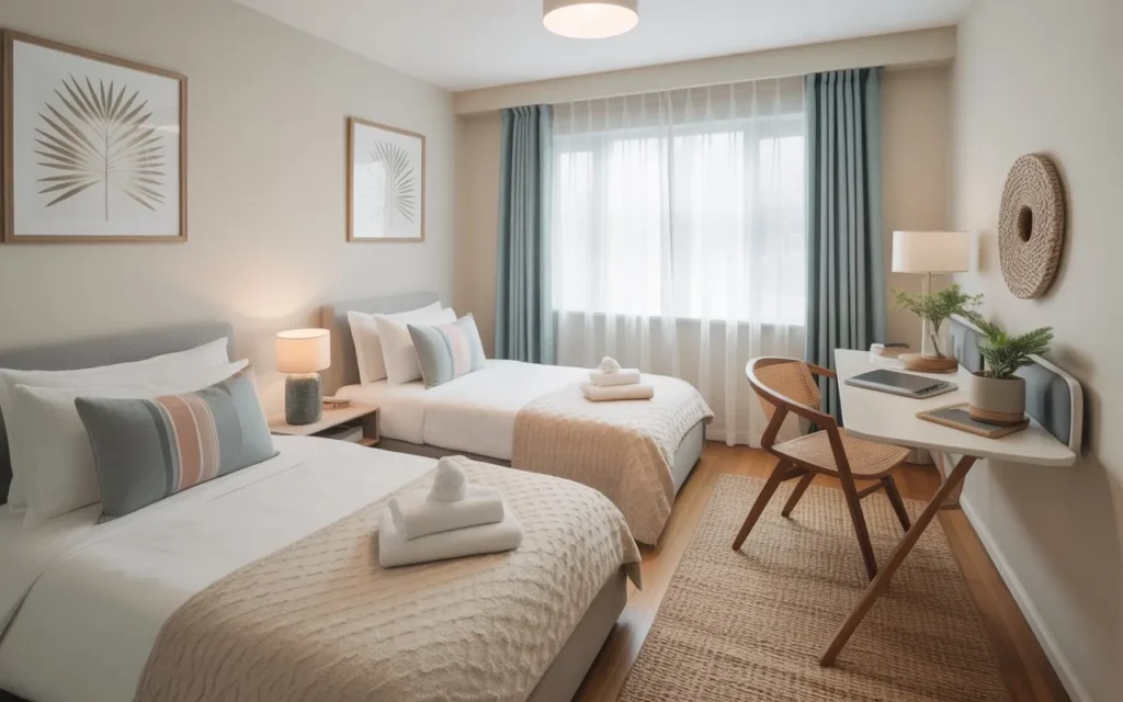 multipurpose guest room with twin beds and small desk