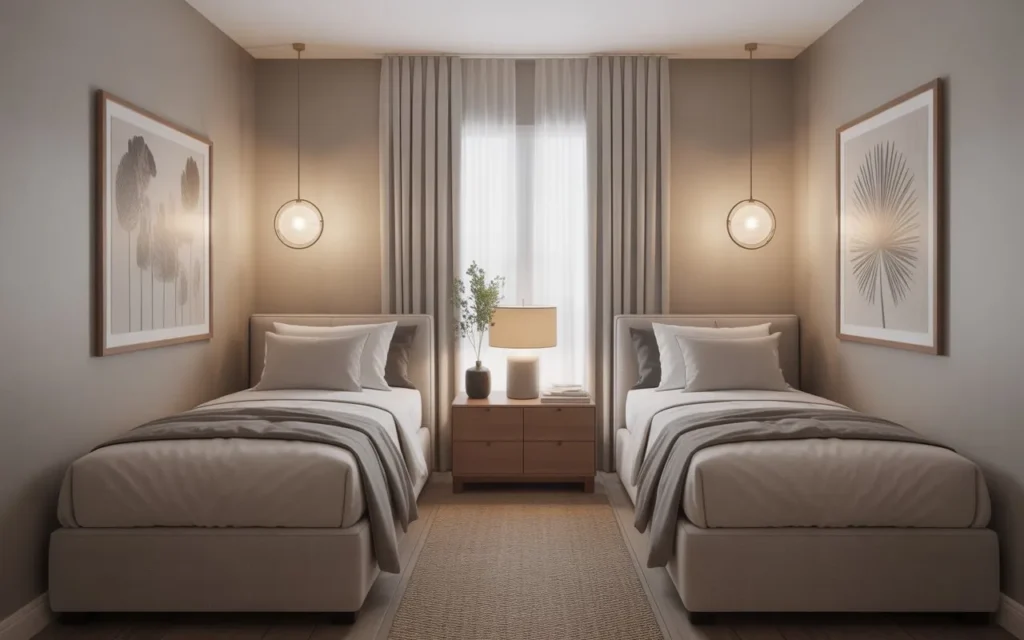 narrow guest bedroom layout with twin beds on opposite walls