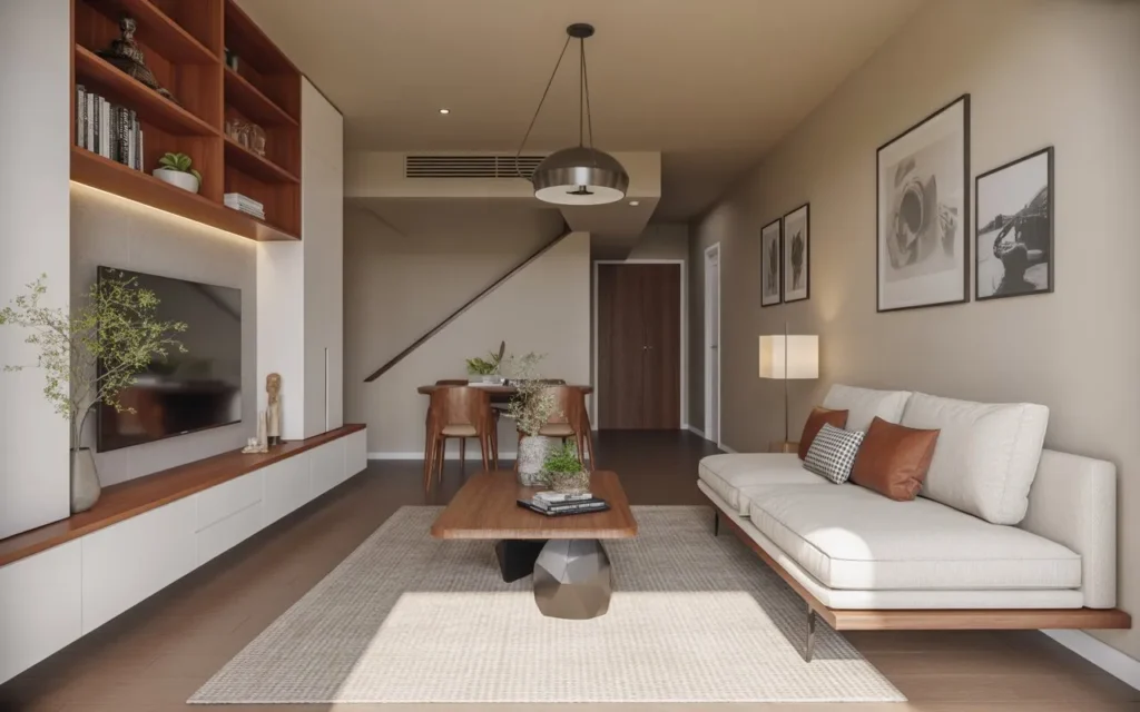 floating sofa layout in narrow living room