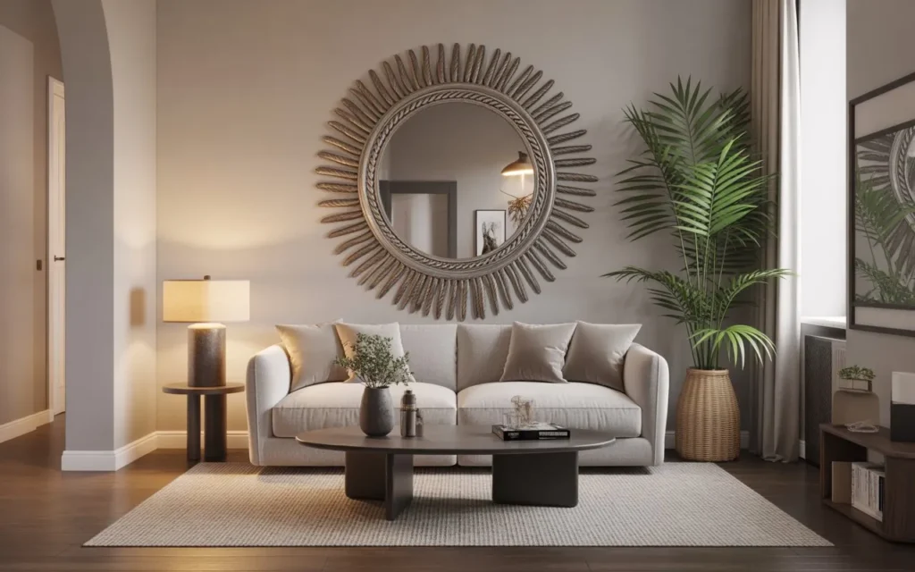 narrow living room with large mirror for spacious look