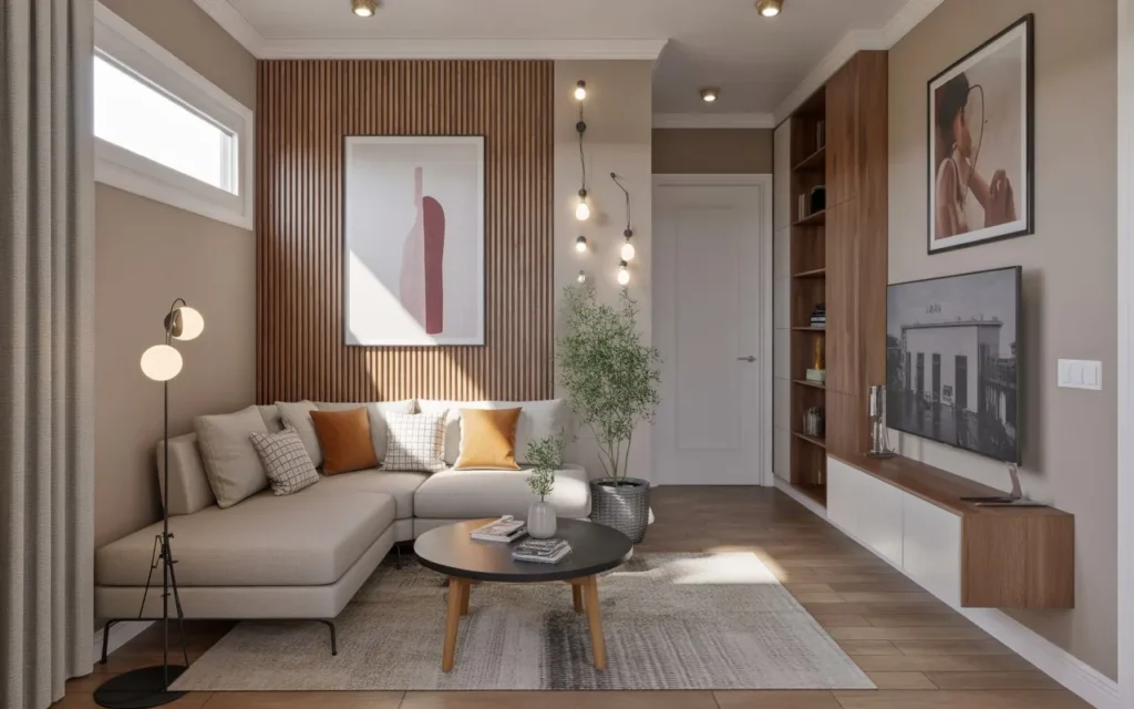 vertical wall art in narrow living room