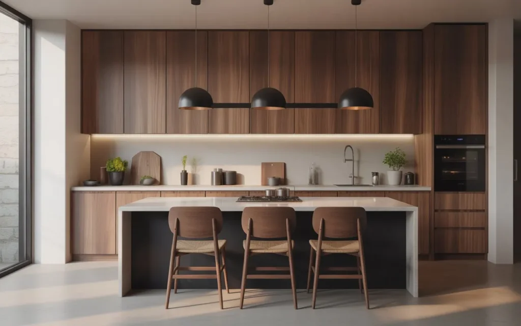 natural wood modern kitchen cabinet design with flat panel doors