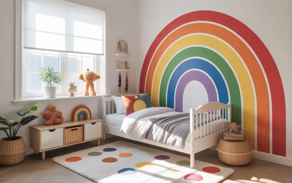 rainbow themed toddler room with colorful decor