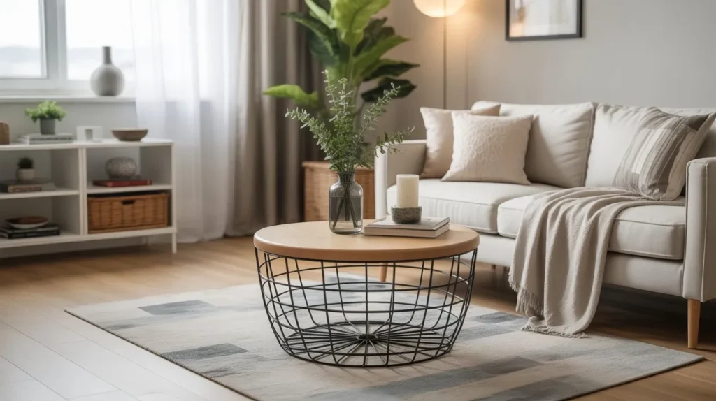 round small coffee table made of wood and metal