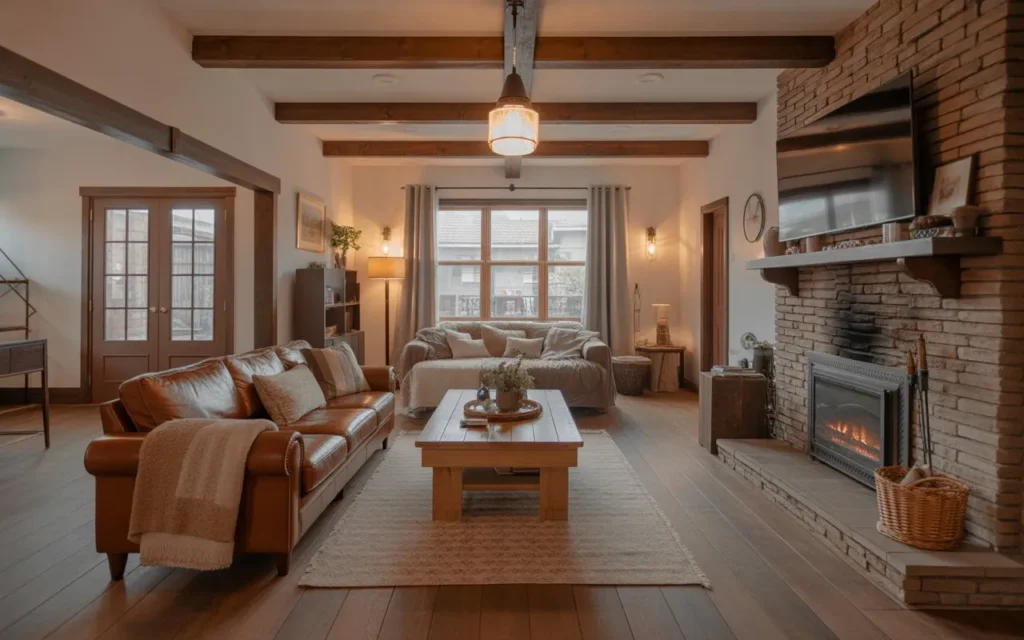 rustic living room with brown leather couch and wooden furniture