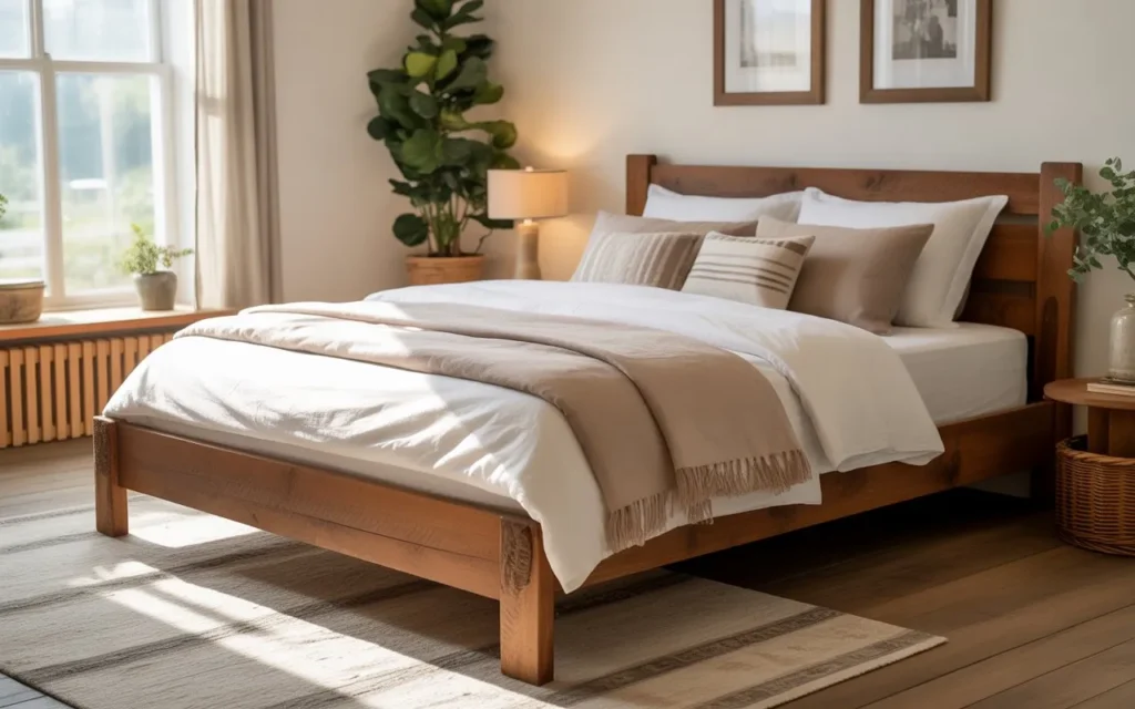 rustic wooden bed frame in cozy bedroom