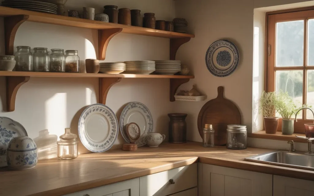 open wooden shelves displaying vintage ceramic dishes in cottage core kitchen