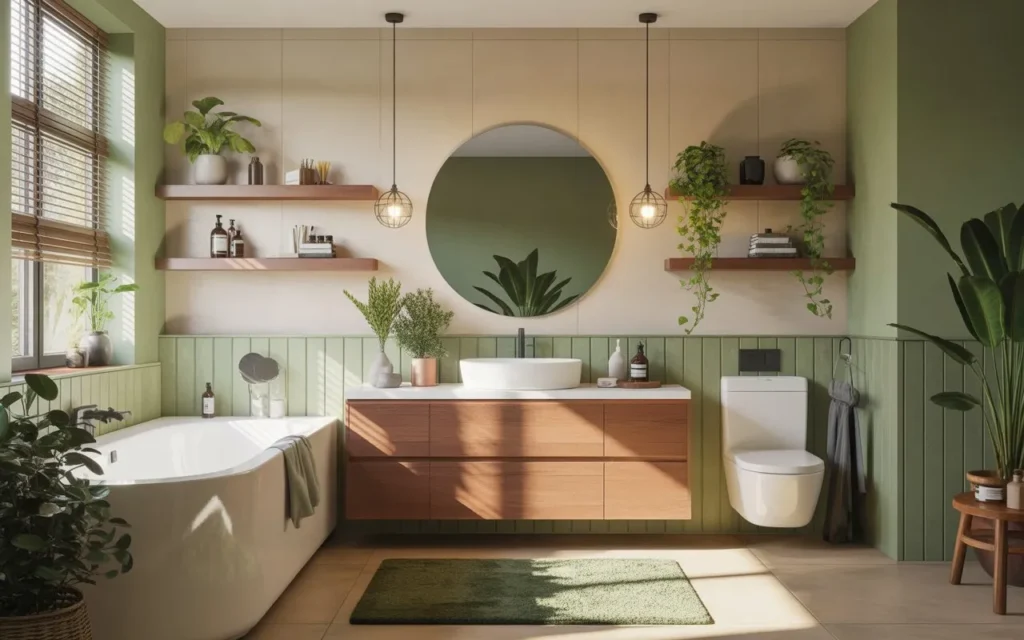 sage and cream bathroom with wooden vanity