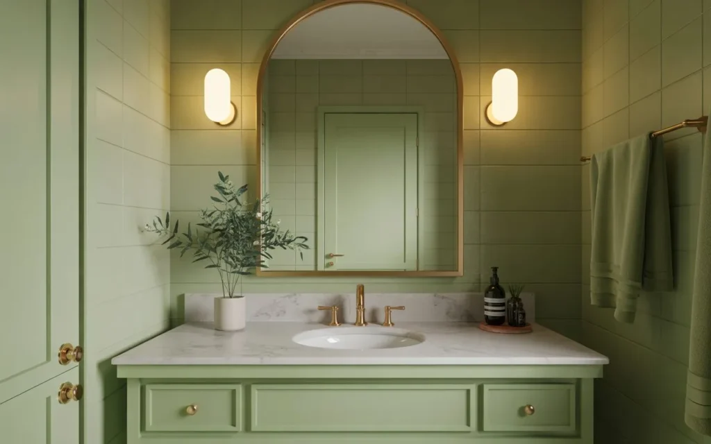 sage green bathroom with gold accents