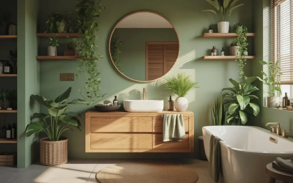 sage green bathroom with natural wood furniture