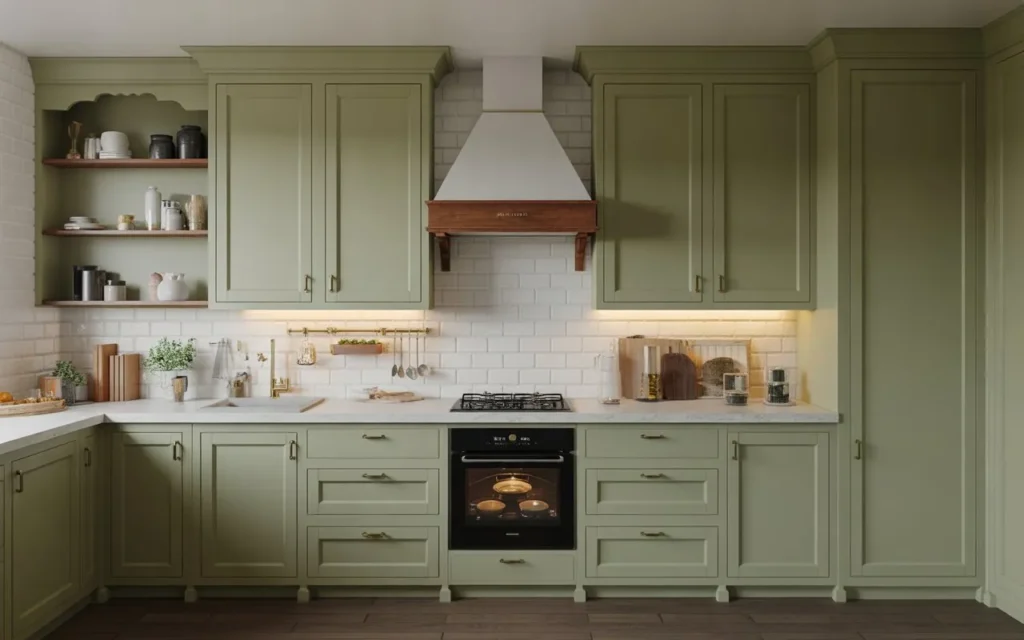 modern farmhouse kitchen with sage green cabinets and black fixtures