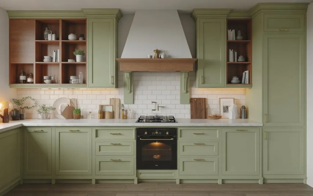 sage green kitchen cabinets farmhouse style with brass hardware