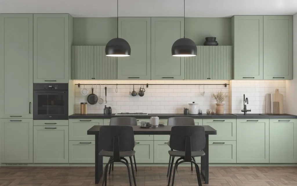 sage green kitchen with black accents