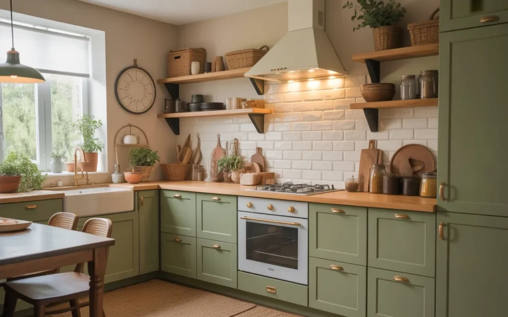 sage green kitchen with wooden shelves