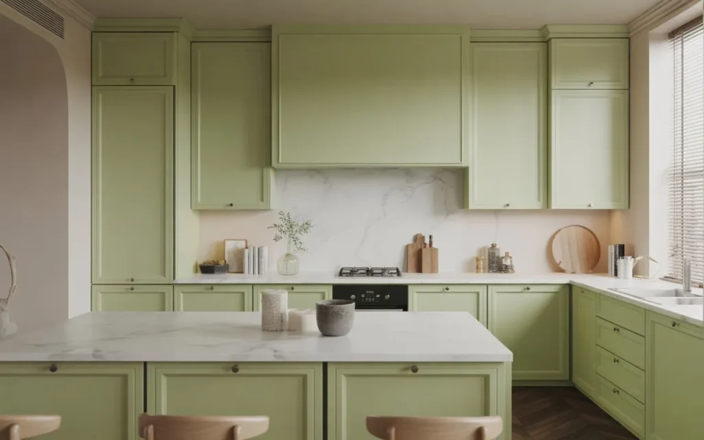 sage green kitchen cabinets with white marble countertop