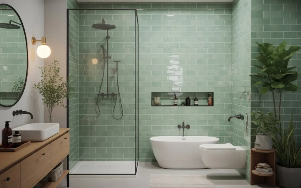 sage green subway tiles in modern bathroom