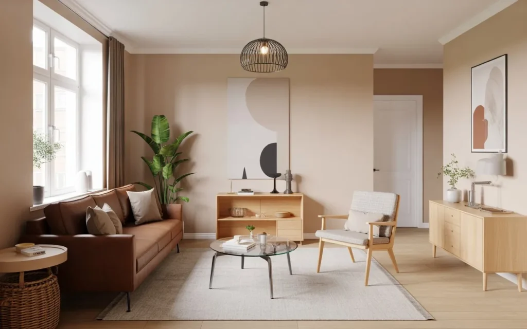 scandinavian style living room with brown sofa