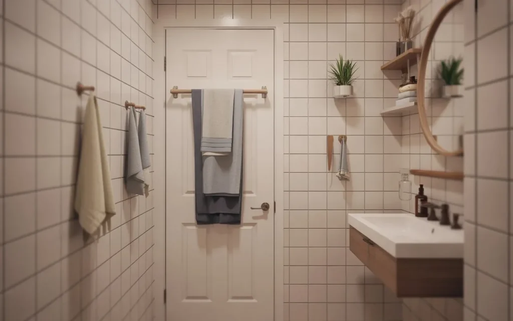 over the door towel rack storage in small bathroom