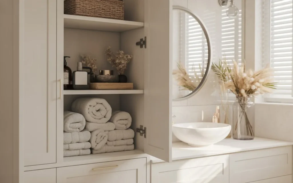 open cabinet towel storage in small bathroom