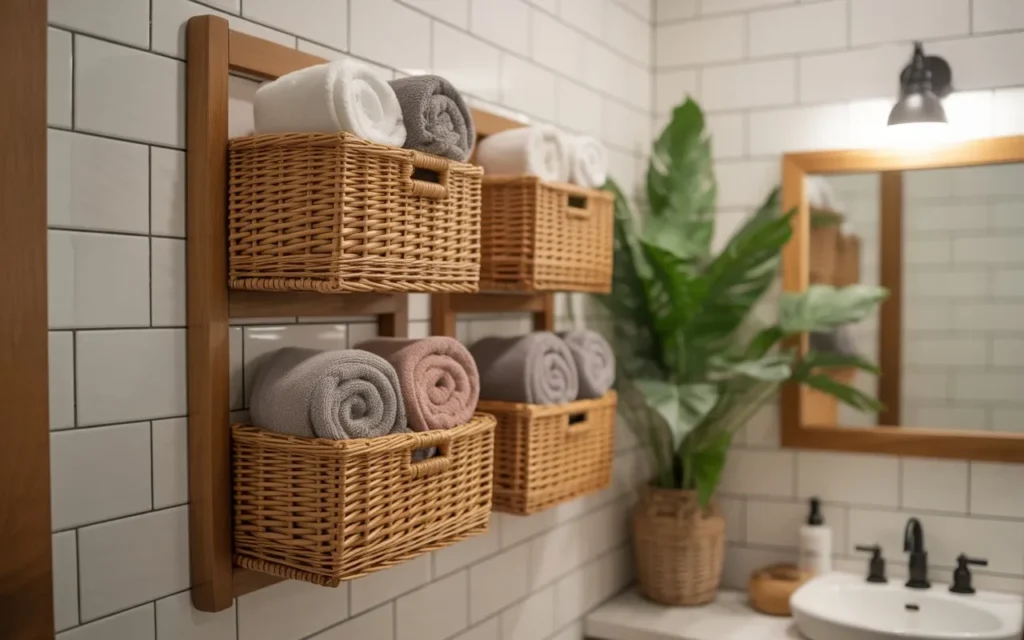 wall mounted basket storage for bathroom towels