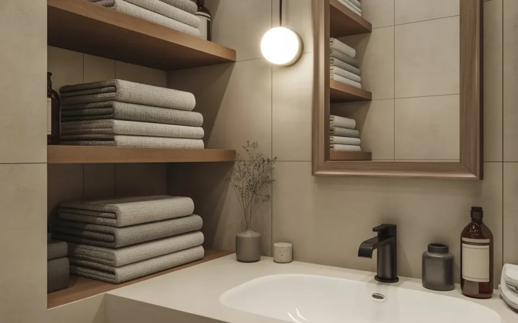 corner shelf towel storage in small bathroom