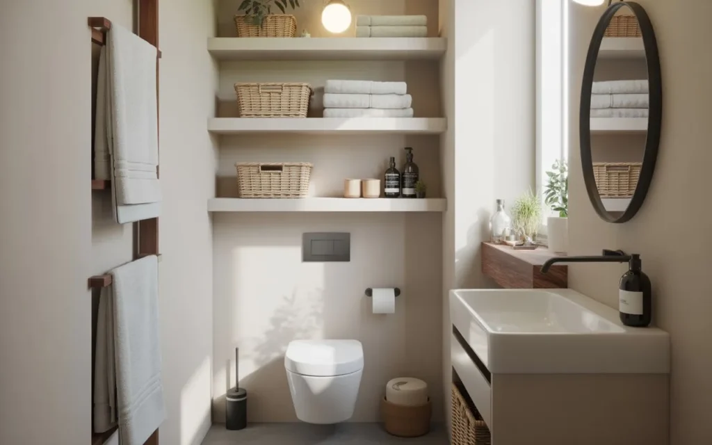 floating shelves above toilet for small bathroom towel storage
