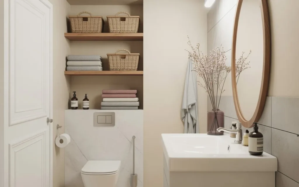 shelf above door for small bathroom towel storage