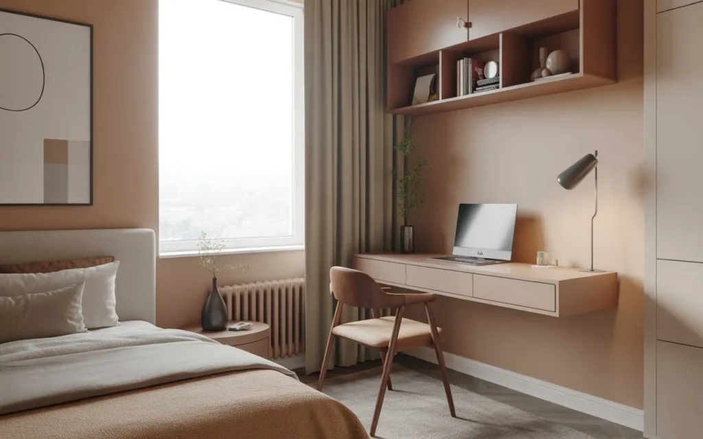 small bedroom with floating wall desk workspace