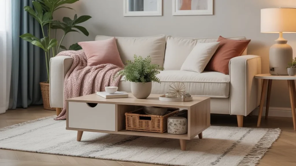 small coffee table with storage in a cozy apartment living room
