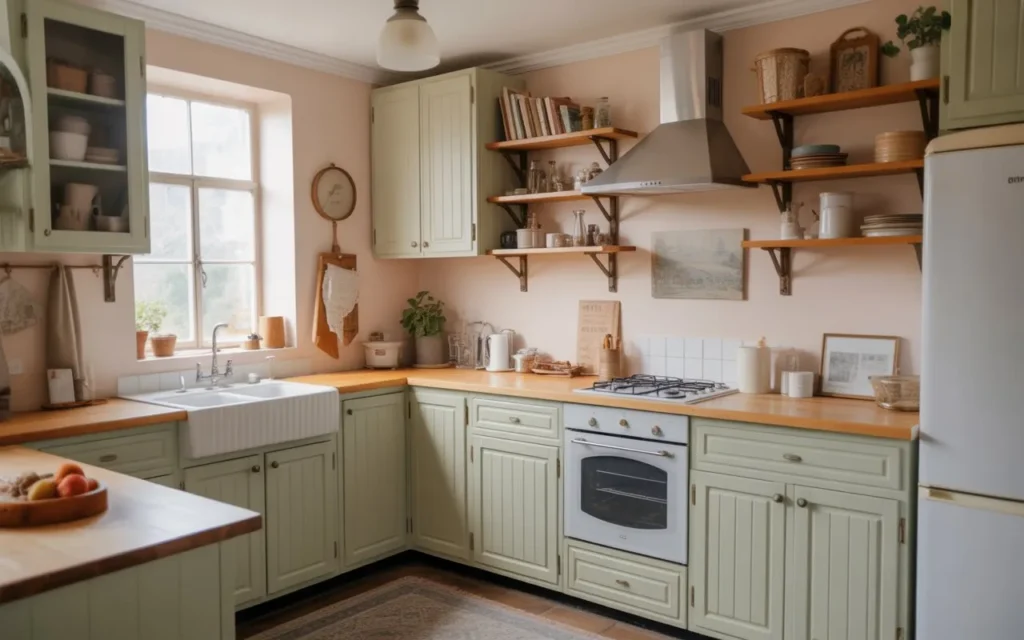 small cottage core kitchen with pastel cabinets, open wooden shelves, vintage accents, and minimal clutter