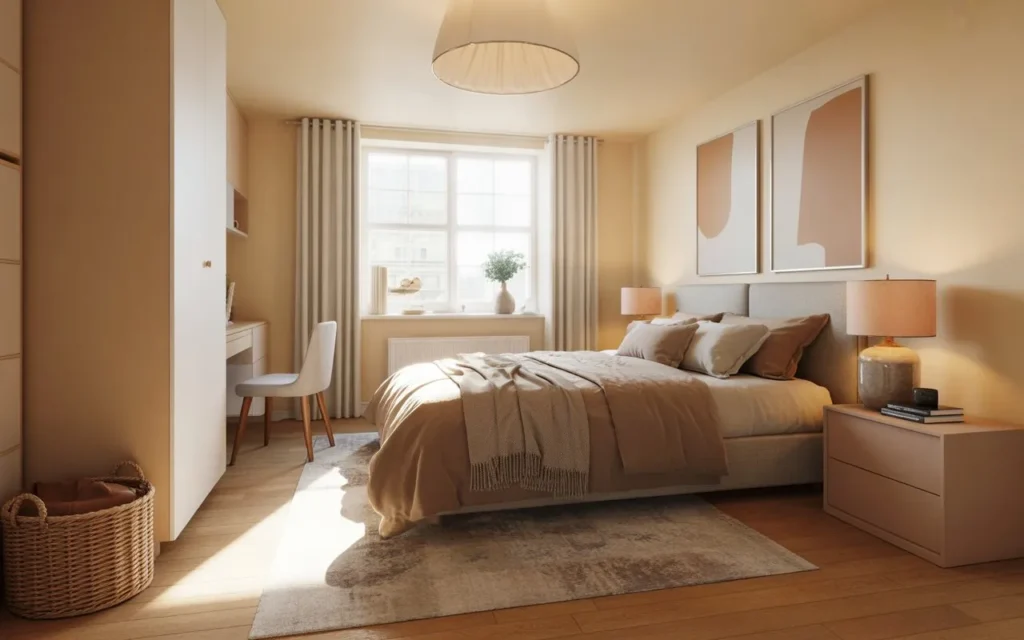 small bedroom with large area rug creating a bigger visual space