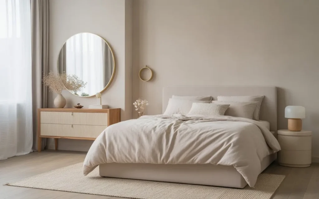 small bedroom with mirror creating a bigger visual space