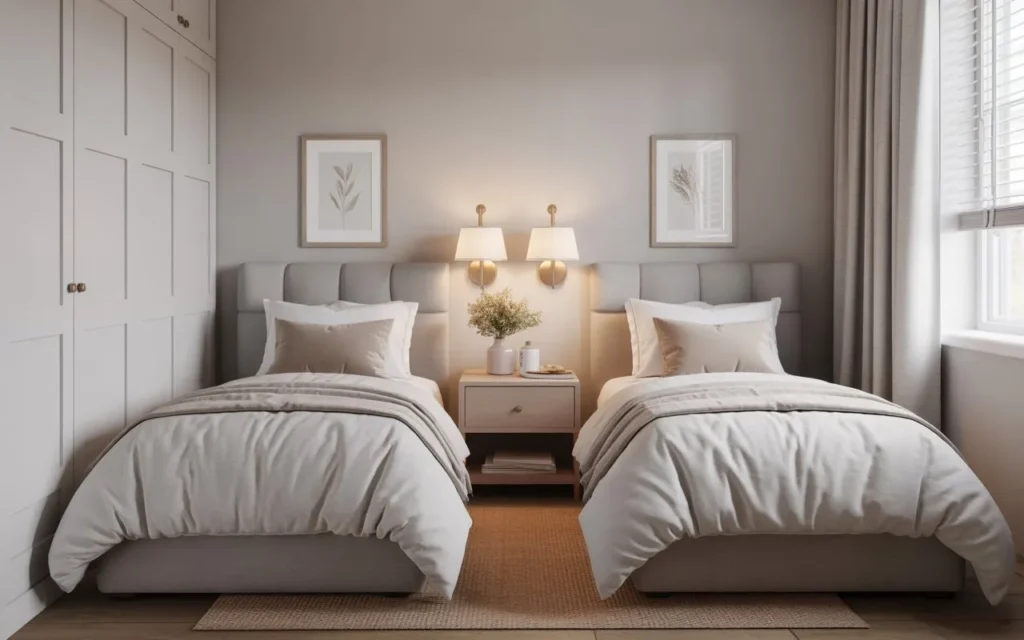small guest bedroom with twin beds sharing a central nightstand