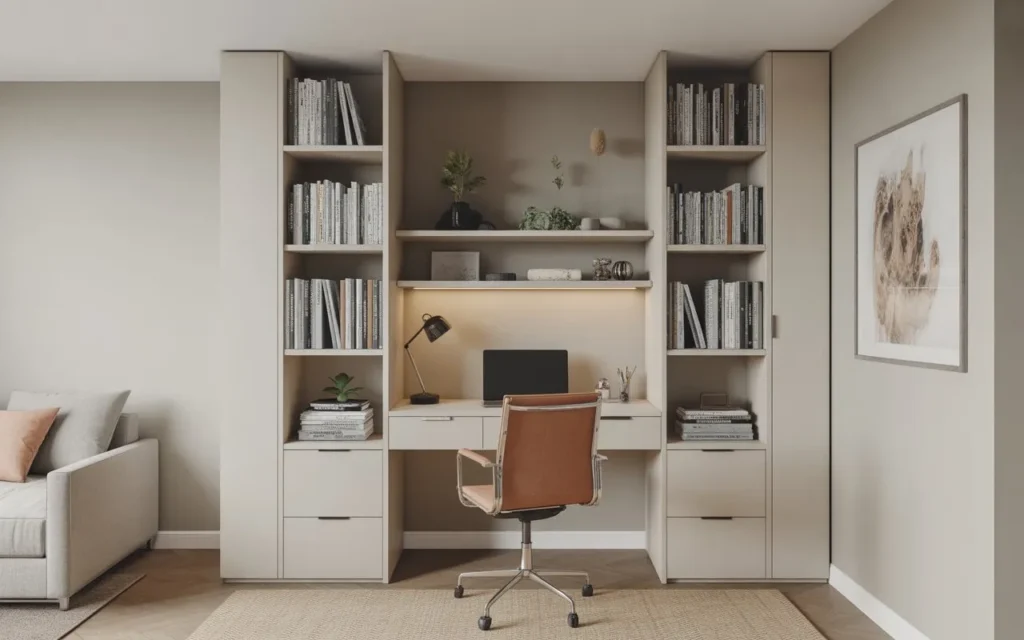 vertical shelving in guest room office combo