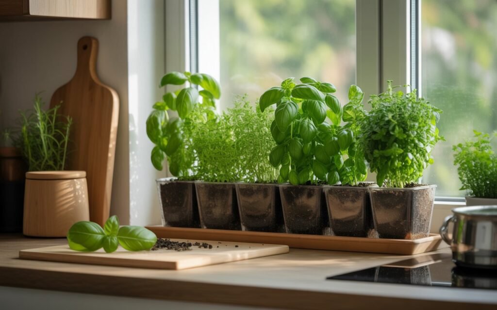 indoor herb garden in kitchen window area