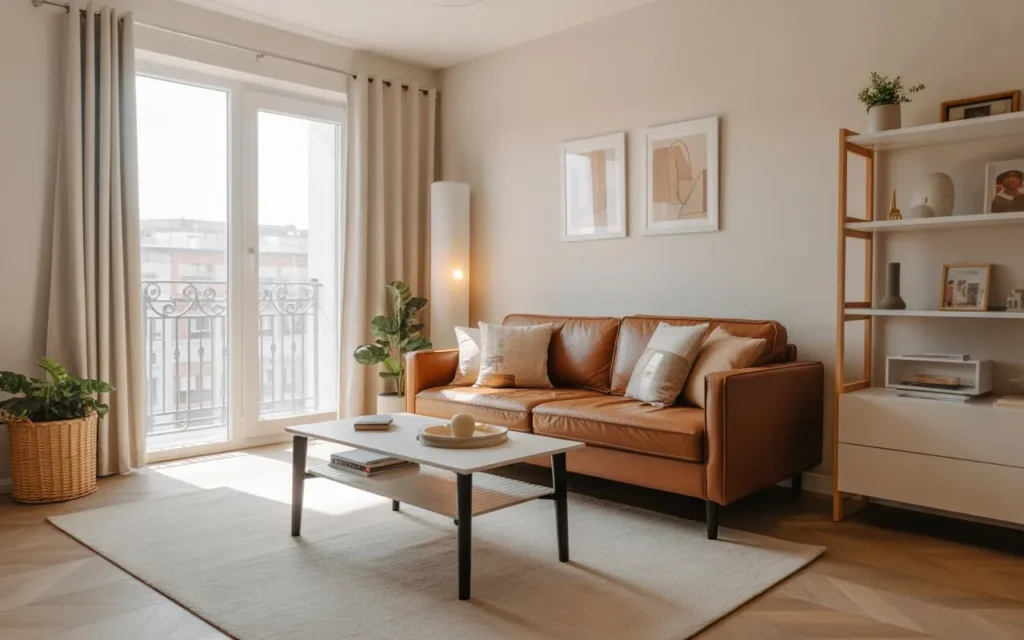 small living room design with brown sofa