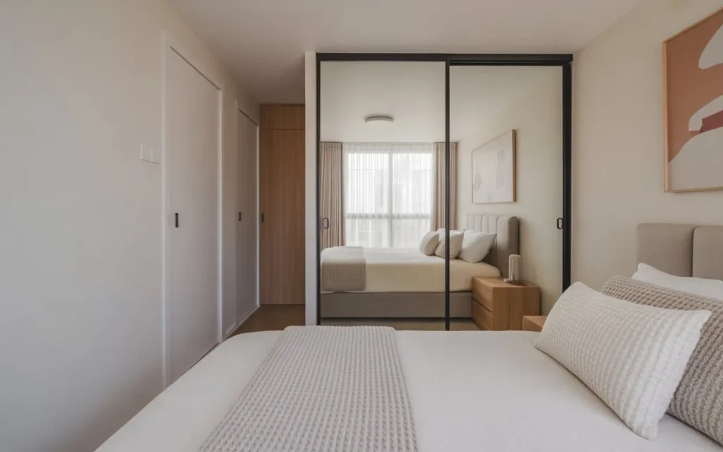 small bedroom with space saving sliding closet doors