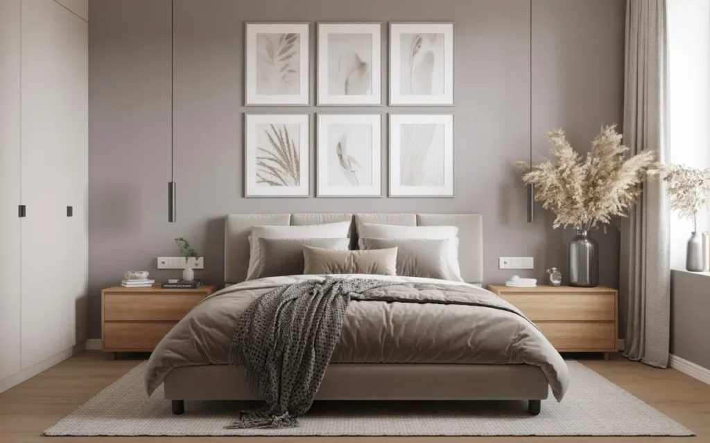 small bedroom with vertical wall art making the room appear taller